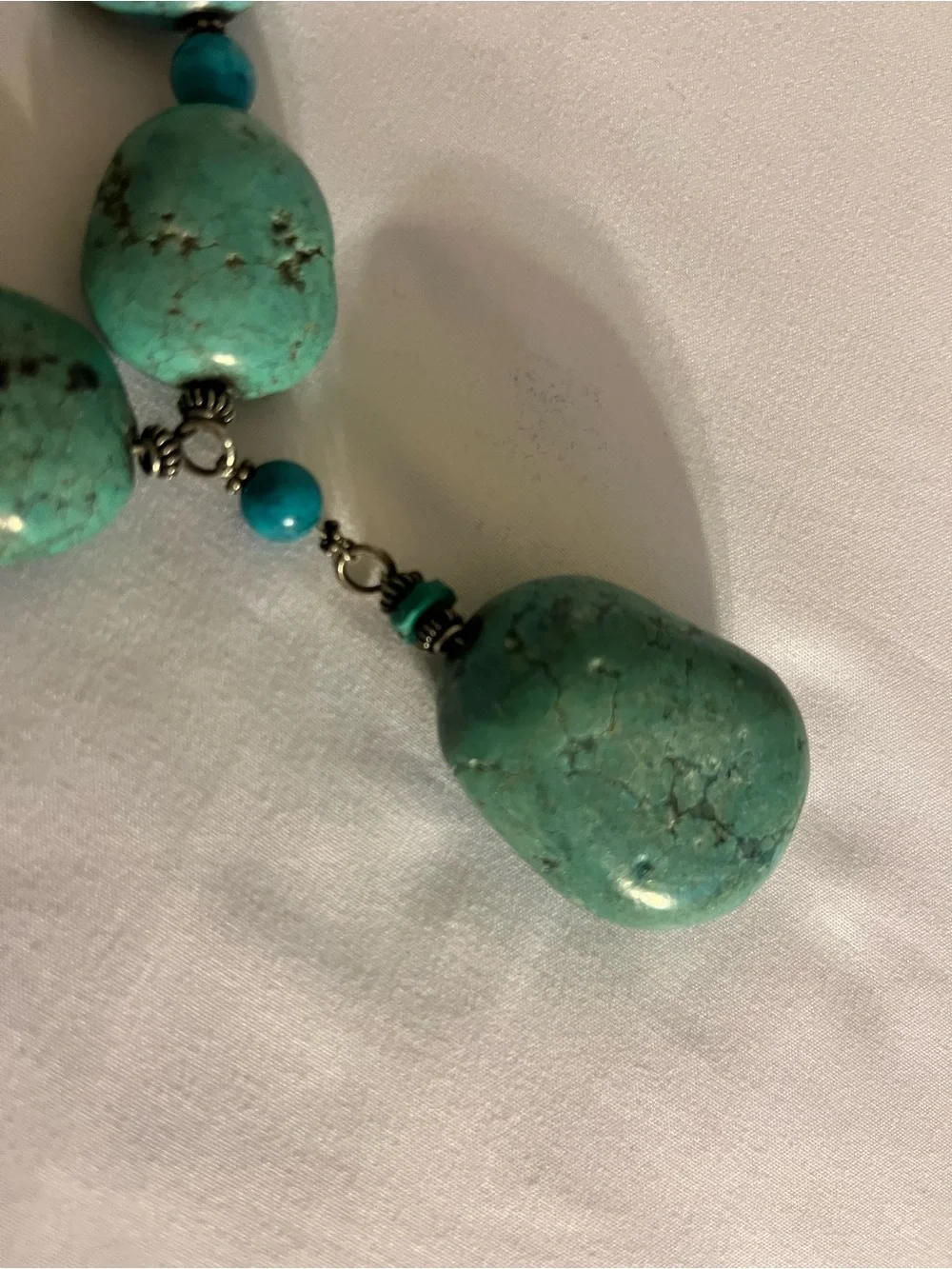 Vintage Turquoise Beaded Necklace with Chunky Focal Stone- dark matrix veining